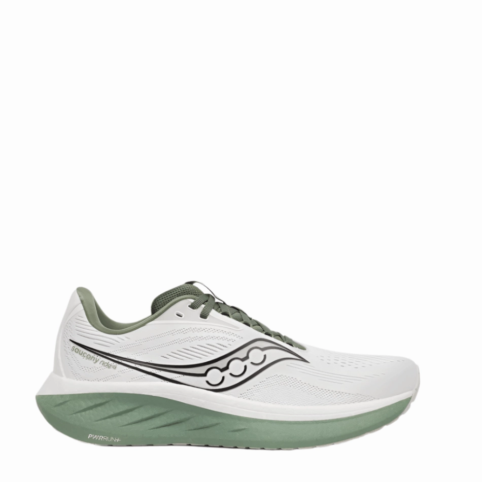 Saucony Men's Ride 18 Running Shoes in White/Olivine SS25 contemporary shoes