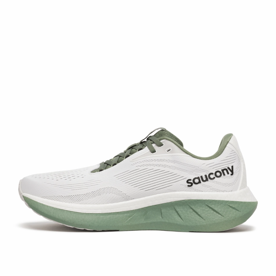 Natural Gait Technology Saucony Men's Ride 18 Running Shoes in White/Olivine SS25