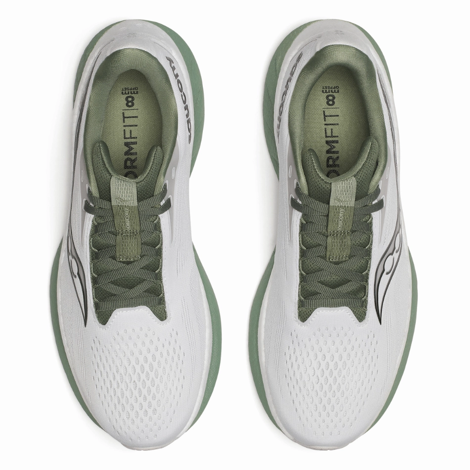 Saucony Men's Ride 18 Running Shoes in White/Olivine SS25 Tread Pattern Optimization solo running shoes