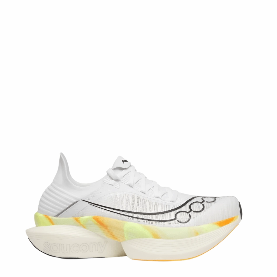 Saucony Unisex Endorphin Elite 2 Running Shoes in White/Peel SS25 Non Slip Traction Outsole stripe - pattern shoes