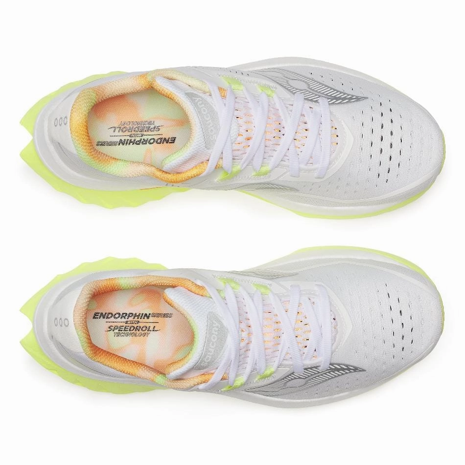 Saucony Women's Endorphin Speed 4 Running Shoes in White/Sunny SS25 Mid Top Seamless Toe Box Construction