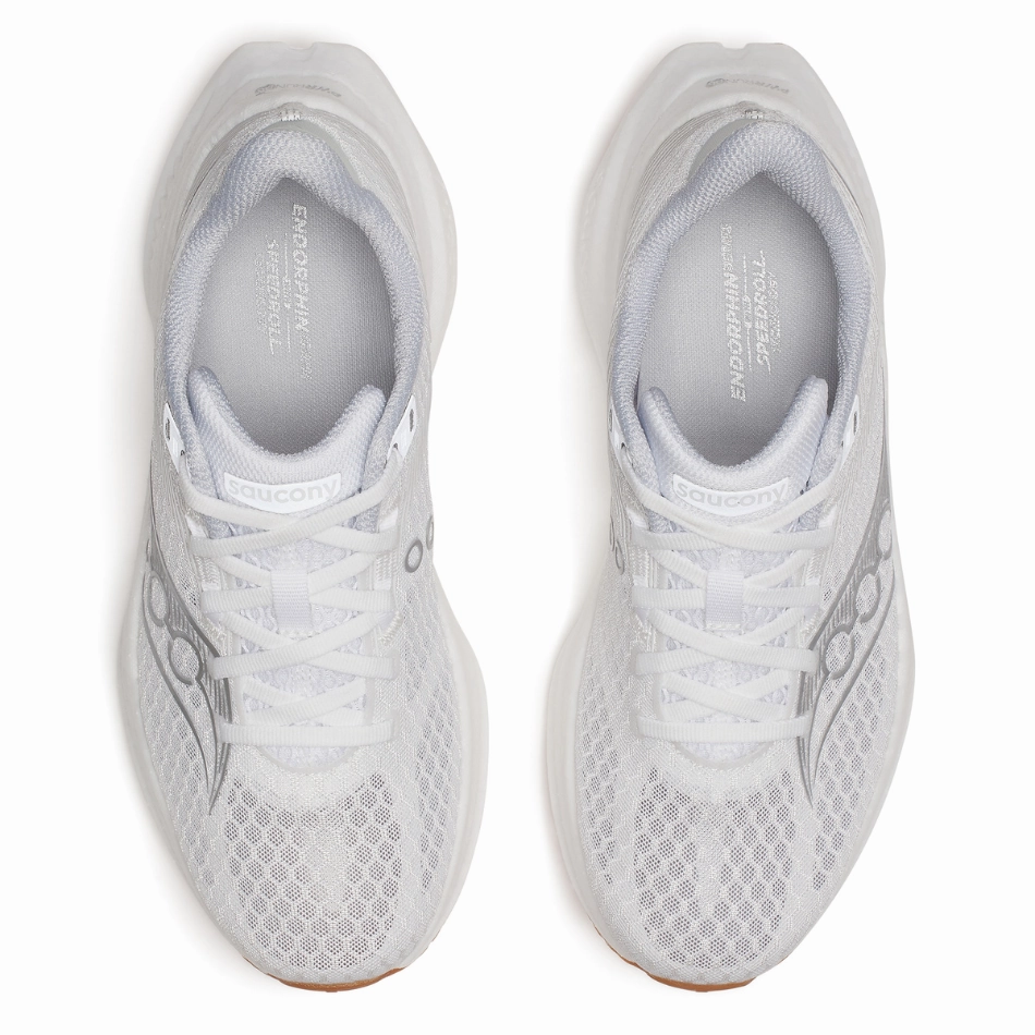 Thermal Regulating Water Resistant Fabric Saucony Women's Endorphin Speed 5 Running Shoes in White/Gum - Online Exclusive