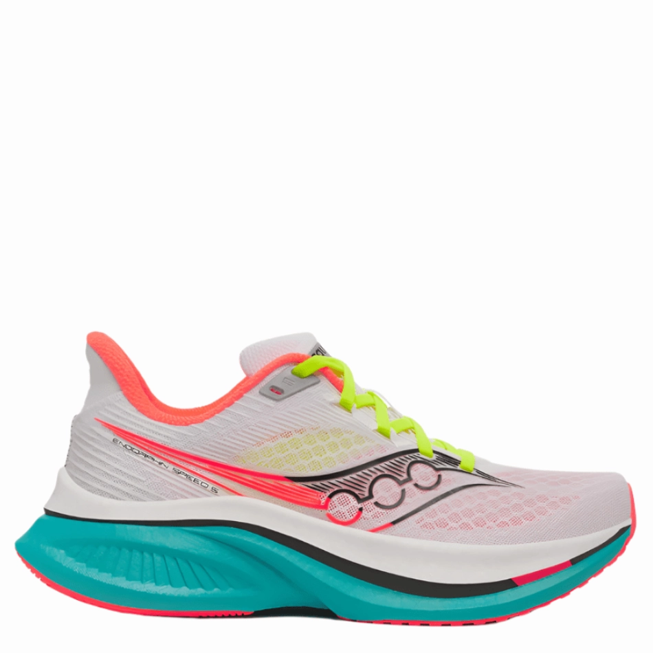 Saucony Women's Endorphin Speed 5 Running Shoes in White/Mutant AW25 running for cardiovascular health