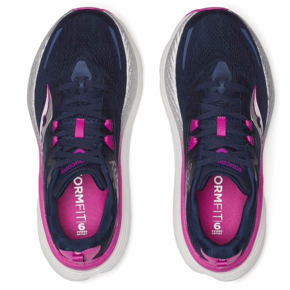 uphill running shoes professional quality Saucony Women's Hurricane 24 Running Shoes in Navy/Fuchsia SS25