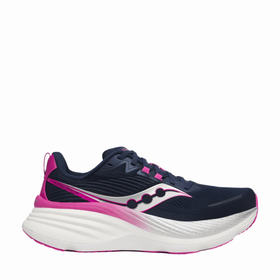 Saucony Women's Hurricane 24 Running Shoes in Navy/Fuchsia SS25 coordination training Dynamic Heel Lock