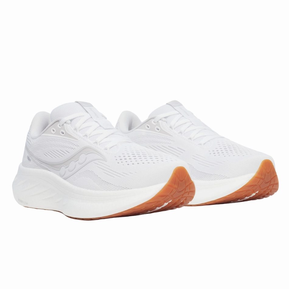 Advanced Cushioning Saucony Women's Ride 18 Running Shoes in White/Gum - Online Exculsive