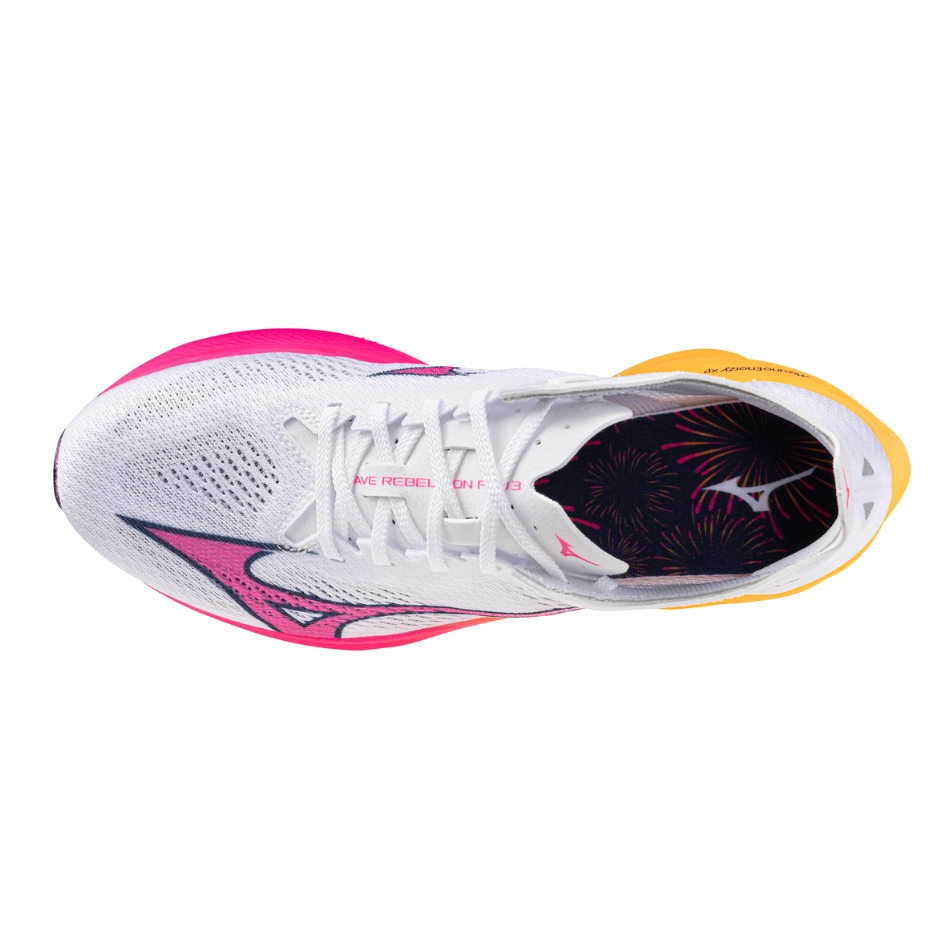 AthleticDesign Agile Fit Mizuno Unisex Wave Rebellion Pro 3 Running Shoes in White/Pink Tetra/Tang Orange AW25