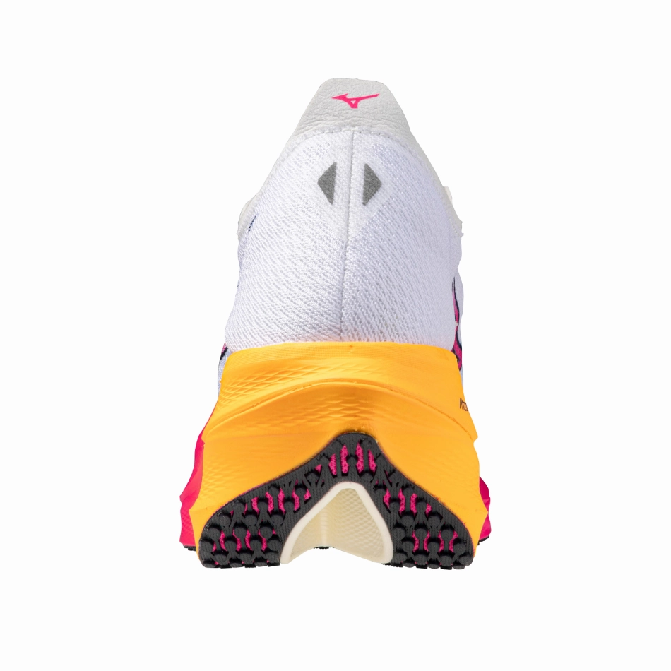 Hyperbolic Lockdown Strap Mizuno Unisex Wave Rebellion Pro 3 Running Shoes in White/Pink Tetra/Tang Orange AW25
