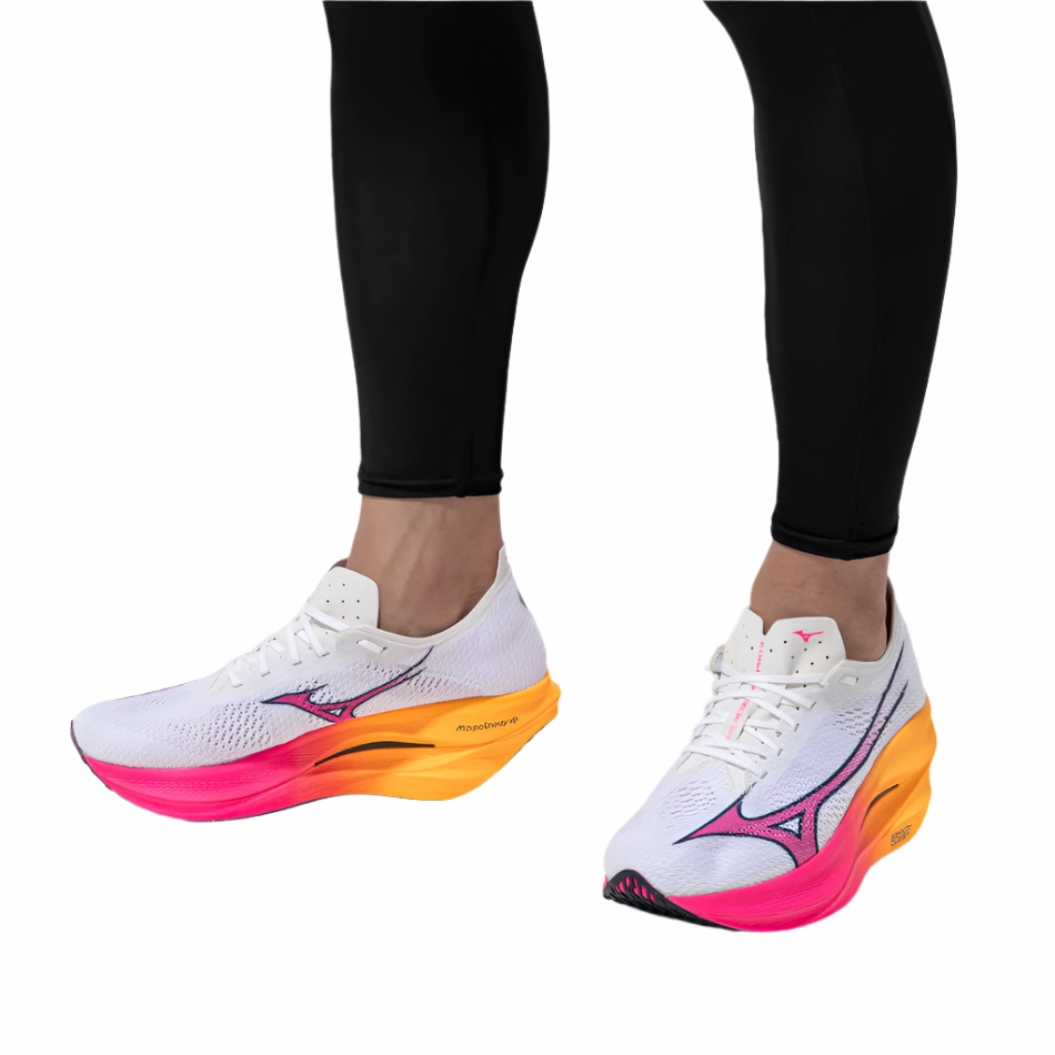 Foam Stabilized Heel low - end shoes Mizuno Unisex Wave Rebellion Pro 3 Running Shoes in White/Pink Tetra/Tang Orange AW25