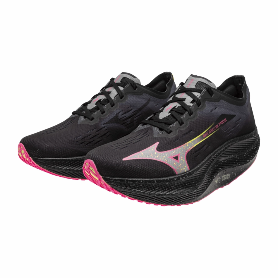 Mizuno Unisex Wave Rebellion Pro 2 Running Shoes in Black/Silver/Pink/Tetra AW24 all - weather suitability shoes