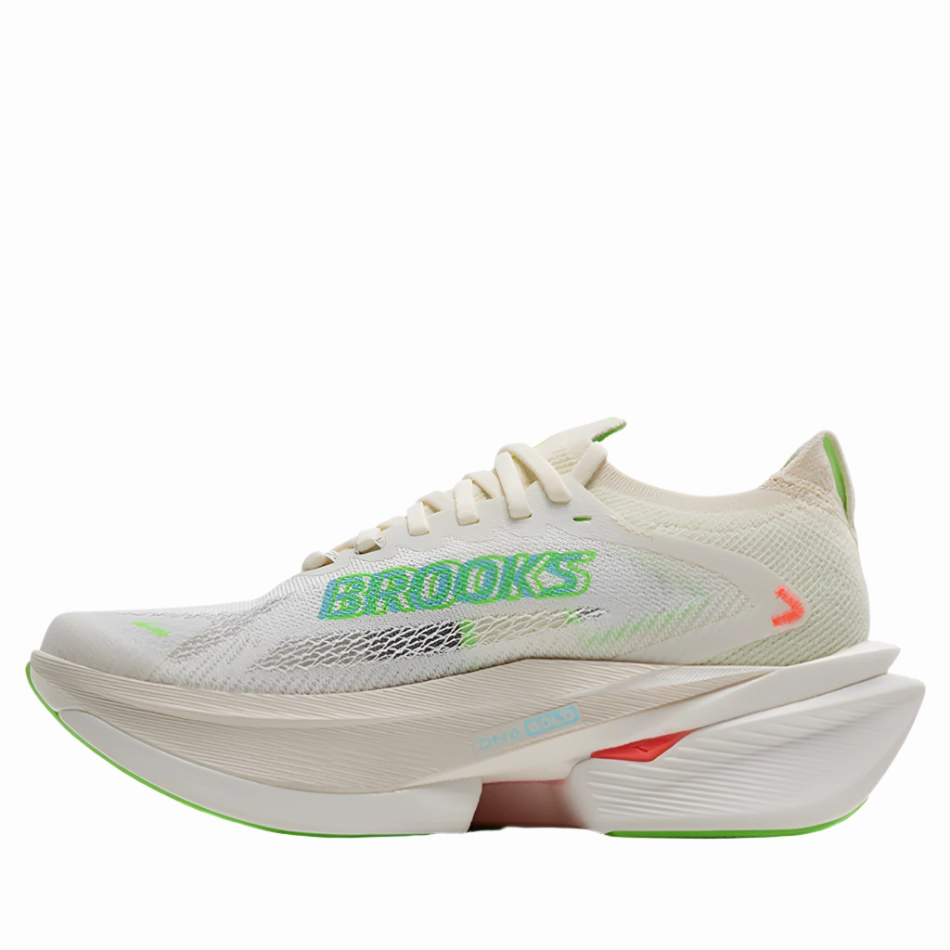 Brooks Women's Hyperion Max 3 Running Shoes in Coconut/Green Gecko/Pink Clay AW25 running in a monorail station area shoes animal - print - design shoes