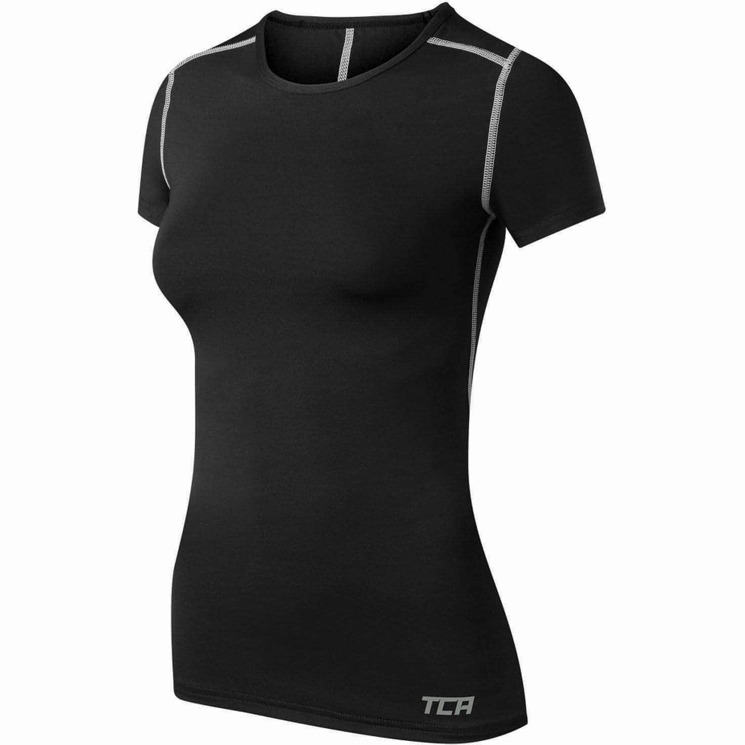 TCA Pro Performance Womens Short Sleeve Baselayer Running Top - Black Sporty Look Wear Leisure Wear