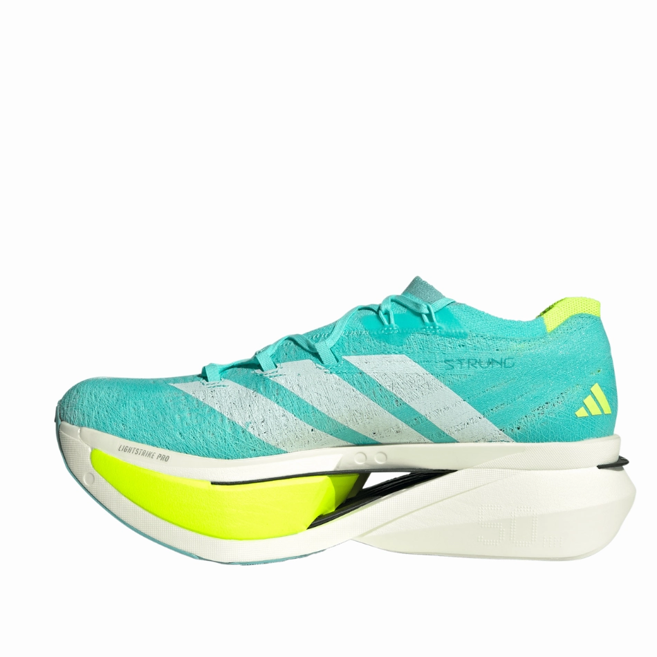 Stability Control Features Adidas Unisex Adizero Prime X3 Strung Running Shoes in Flash Aqua/Zero Metalic/Lucid Lemon AW25