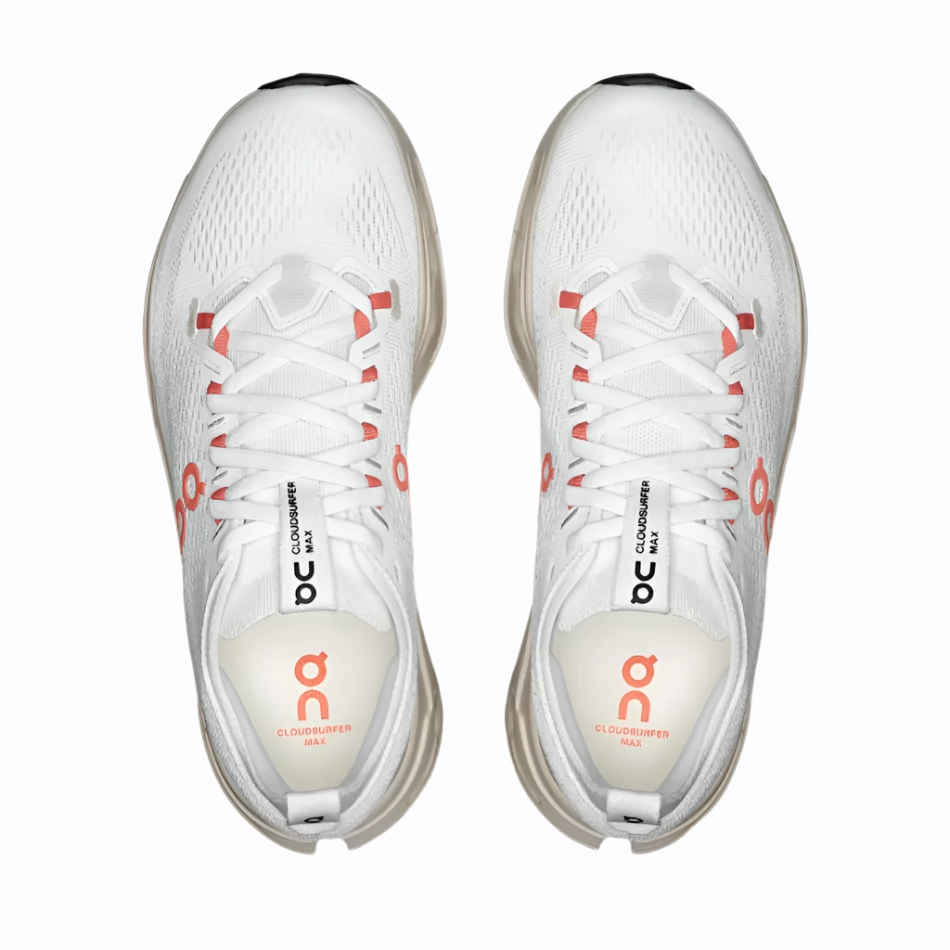 On Women's Cloudsurfer Max Running Shoes in Ivory/Salmon AW25 polyester - feature shoes running on a dirt track shoes