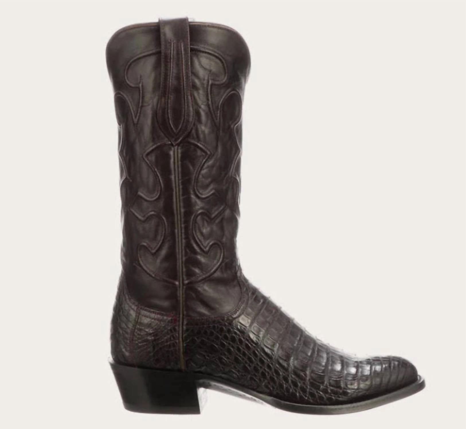 Men's Charles Caiman Belly R-Toe Mens Exotic Cowboy Boot In Black_Cherry/cordova Sleek Profile Flexible Frame Rural Traveler