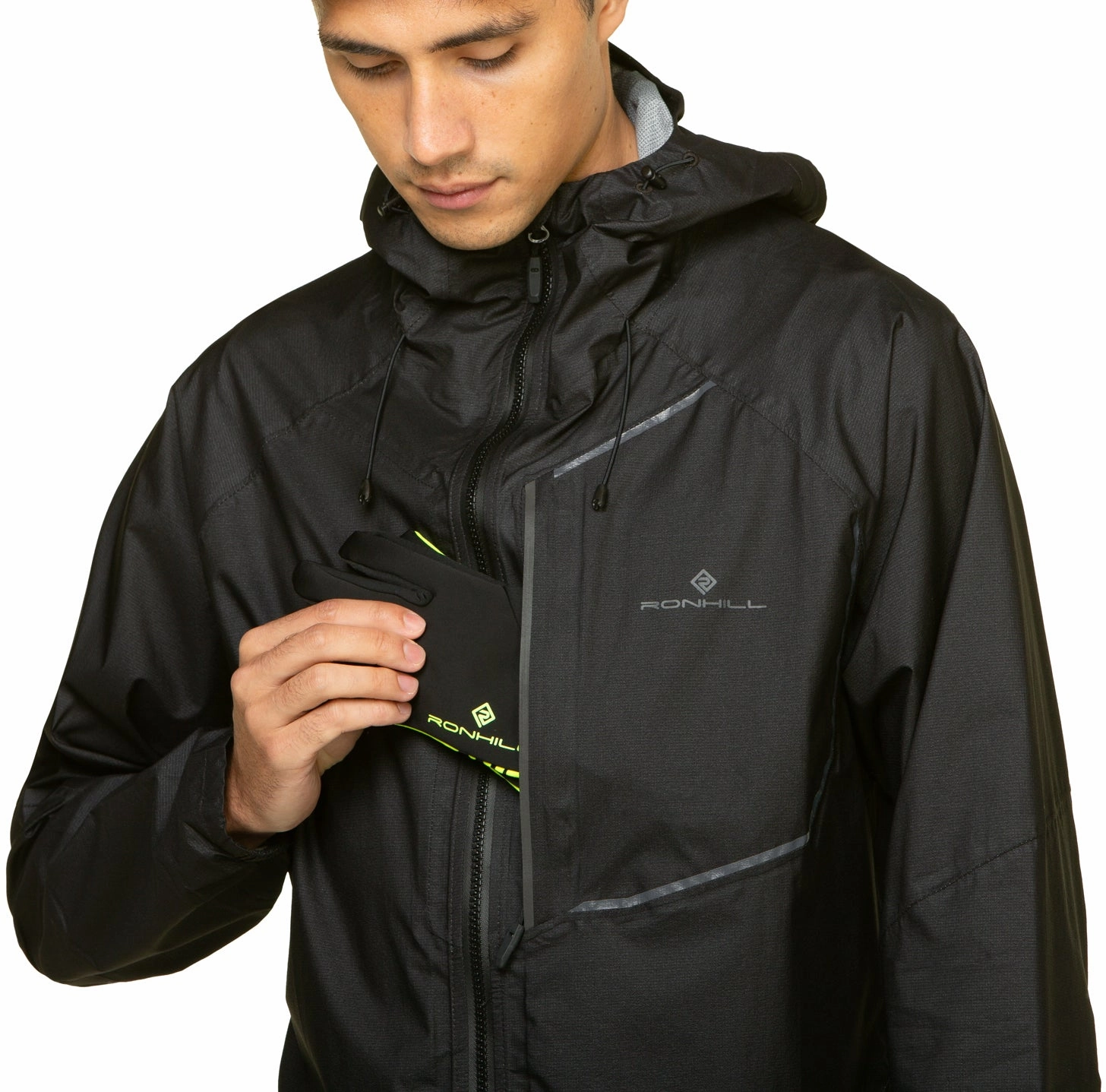 Ronhill Tech Fortify Mens Running Jacket - Black Demonstrate Lockdown Hood Toggle