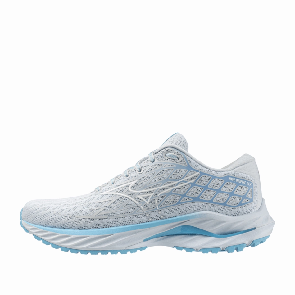 Mizuno Women's Wave Inspire 20 Running Shoes in Plein air/white/river blue Ventilation Channel System snowy