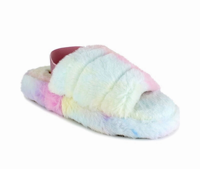 Unionbay Puff U0PUF98 Slippers Women's  Multi Tie Dye Faux Fur JOBB1900 Slip On Style