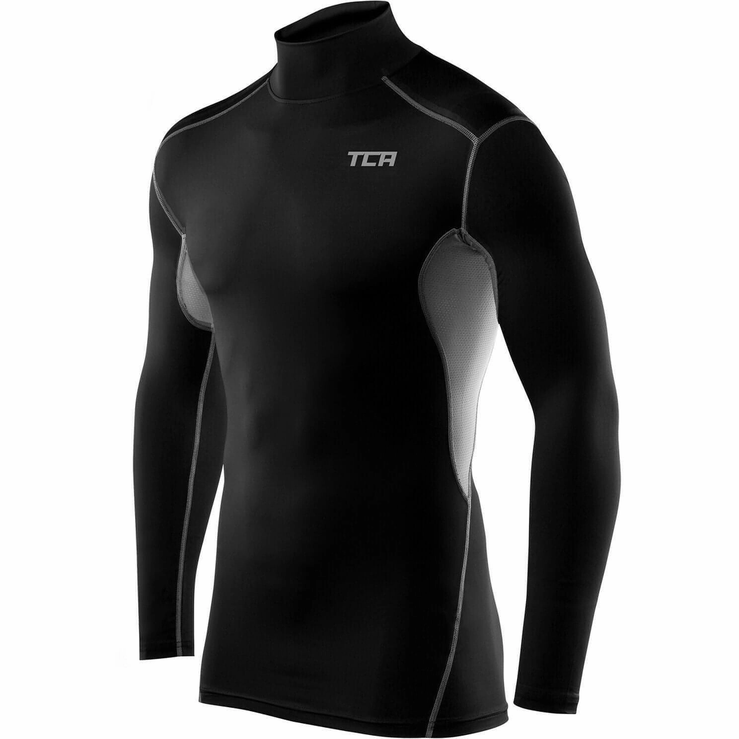 TCA HyperFusion Mock Neck Long Sleeve Mens Compression Top - Black Drawing