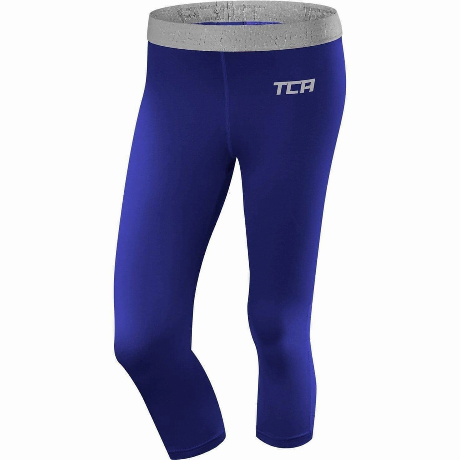 TCA Pro Performance Endurance Womens 3/4 Capri Running Tights - Blue Stretchy Waist Layered Seam Construction