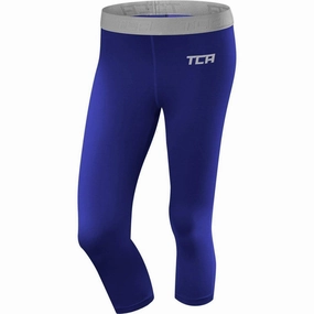 TCA Pro Performance Endurance Womens 3/4 Capri Running Tights - Blue Stretchy Waist Layered Seam Construction