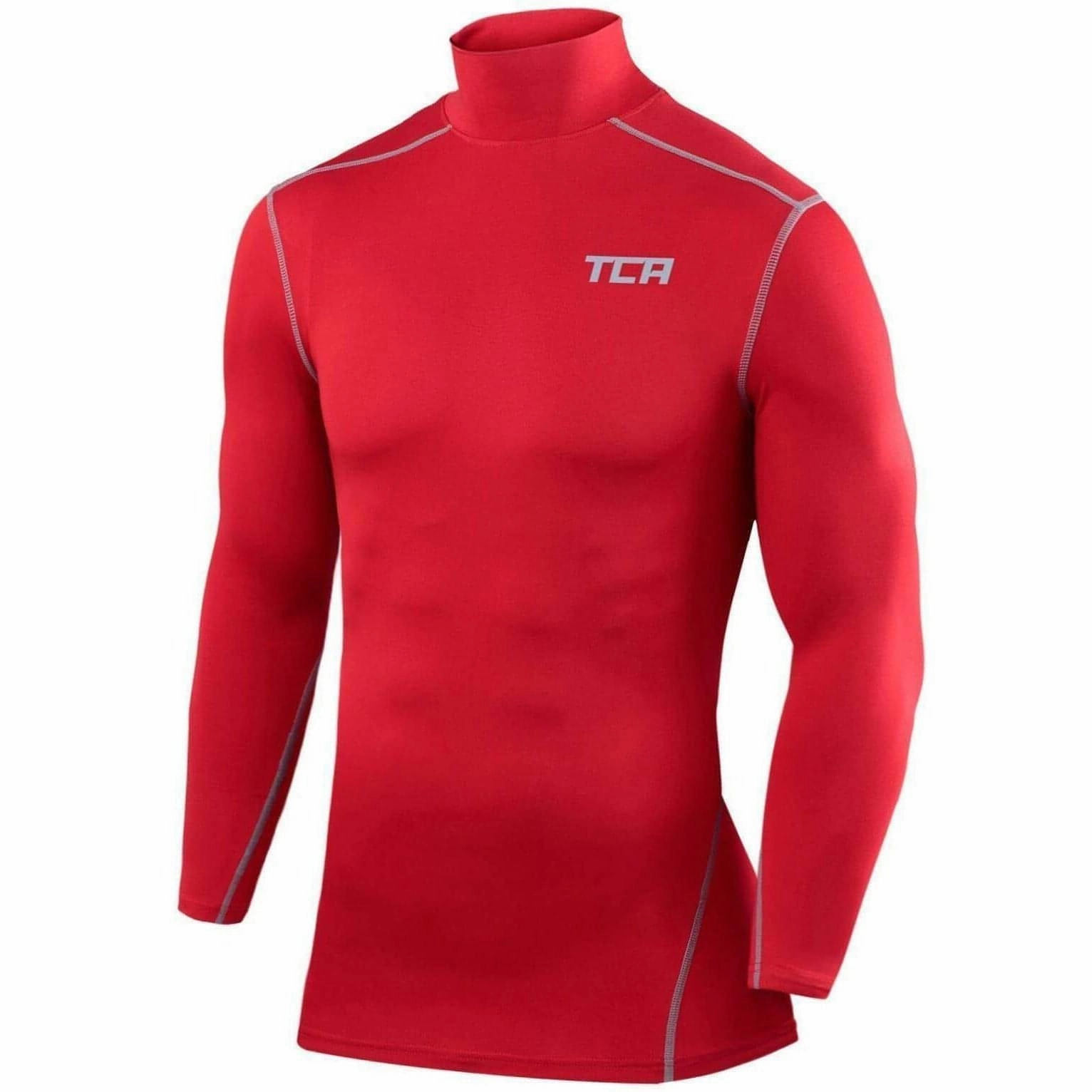 TCA Pro Performance Long Sleeve Mock Mens Compression Top - Red Plateau area Non cuffed edge