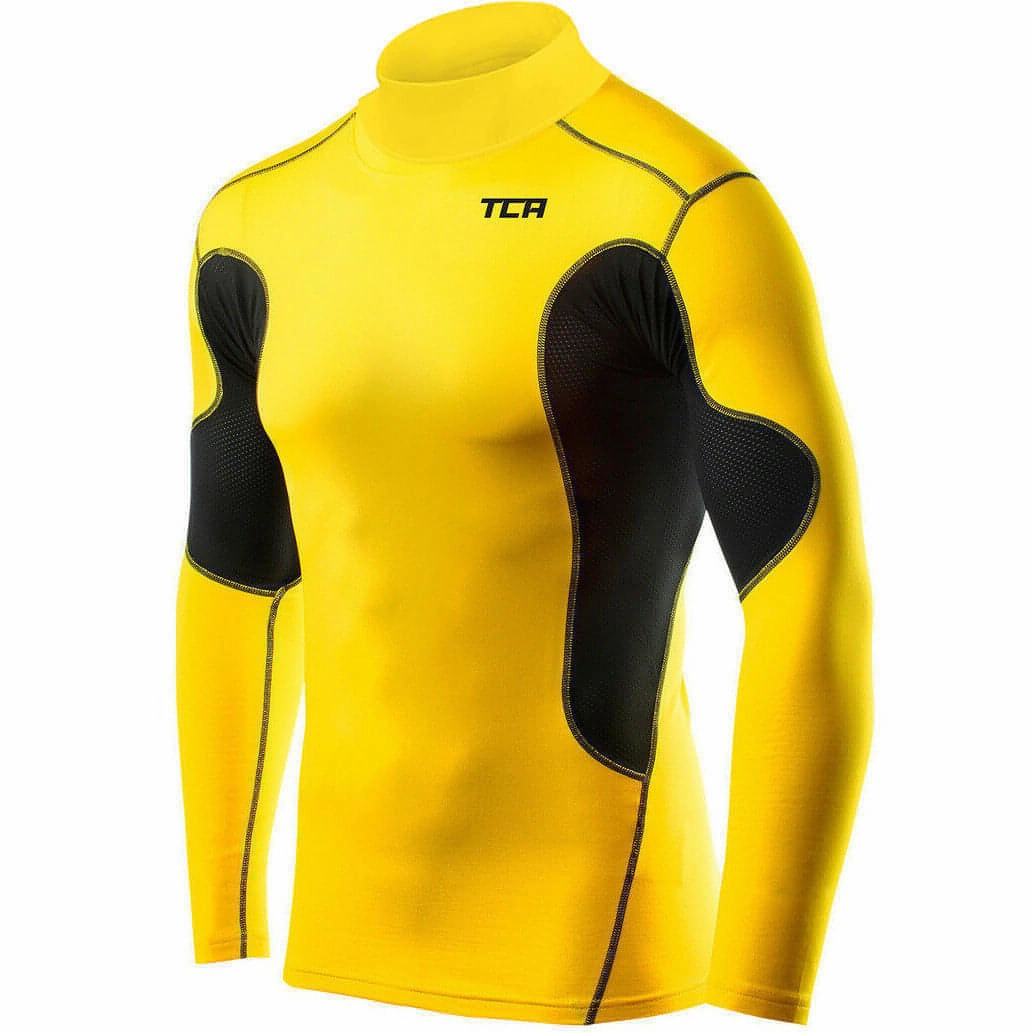 TCA SuperThermal Long Sleeve Mock Mens Compression Top - Yellow Stretch Enhanced Collar