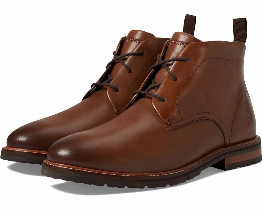 Rockport Caspe Boots Men's US 8.5 Dark Natural Leather Round Toe Ankle KHD1398 Low Profile Design