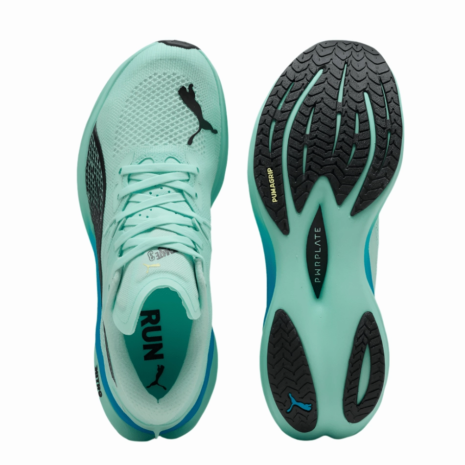 PUMA Men's Deviate NITRO 3 Running Shoes in Mint Melt/Speed Blue AW25 Flat Ground long - term use shoe durability