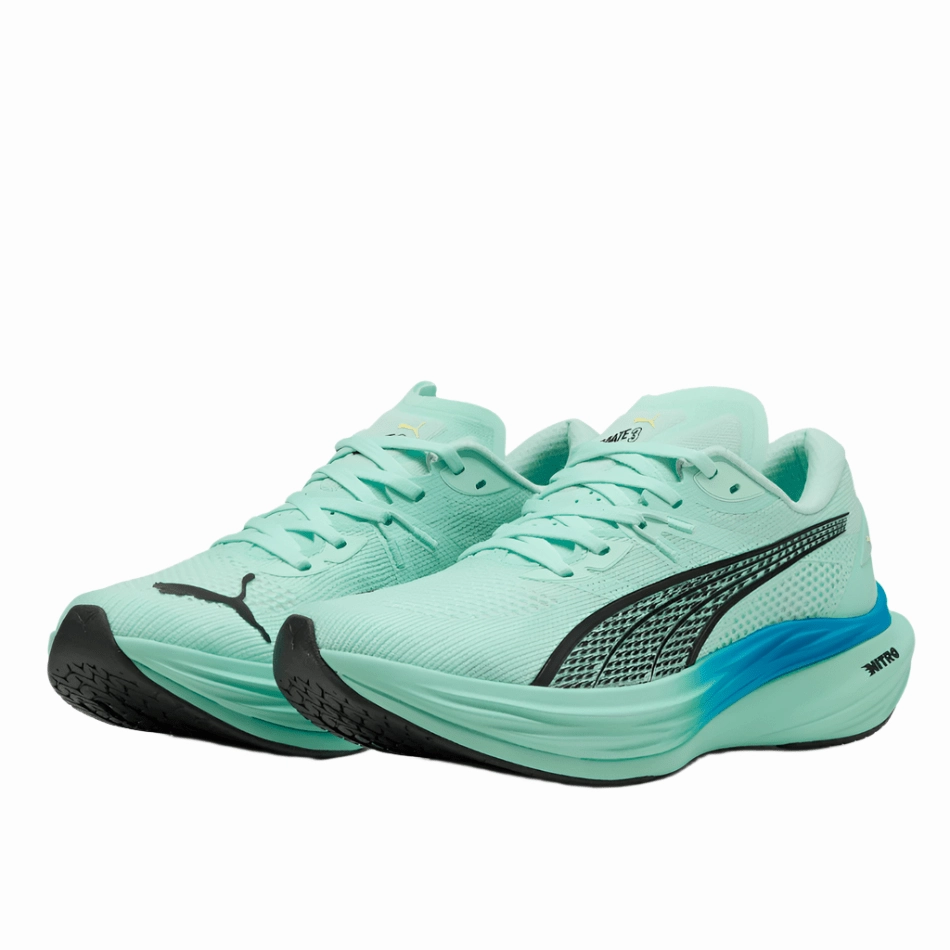 seniors running with a mid - top design PUMA Men's Deviate NITRO 3 Running Shoes in Mint Melt/Speed Blue AW25
