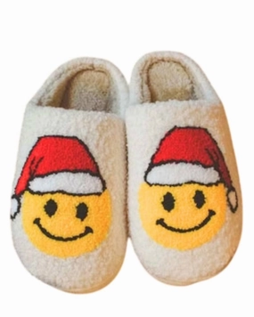 Unisex Santa Christmas Happy Face Slippers In White Comfy Beach Walk