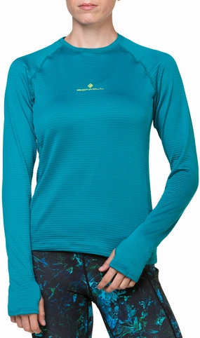 Ronhill Tech Winter Long Sleeve Womens Running Top - Blue Checked Layered Shoulder Panels