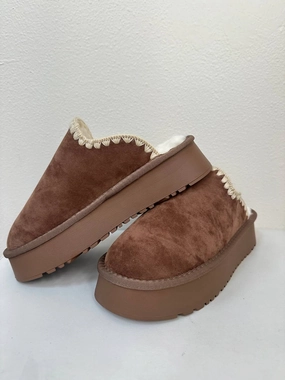 Comfy Relax Fit Women's Crochet Edge Sherpa Platform Slippers In Mocha
