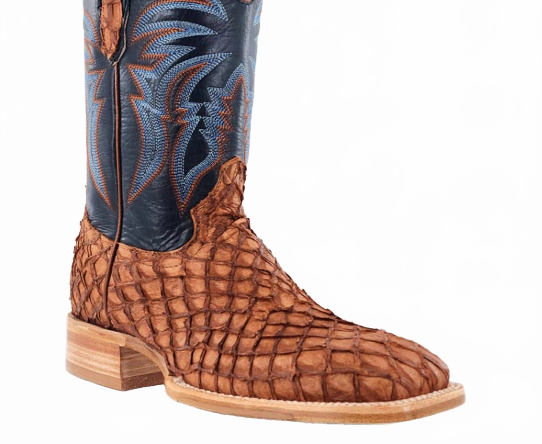 Comfort Fit Women's Matte Pirarucu Fish Exotic Boot In Cognac/blue