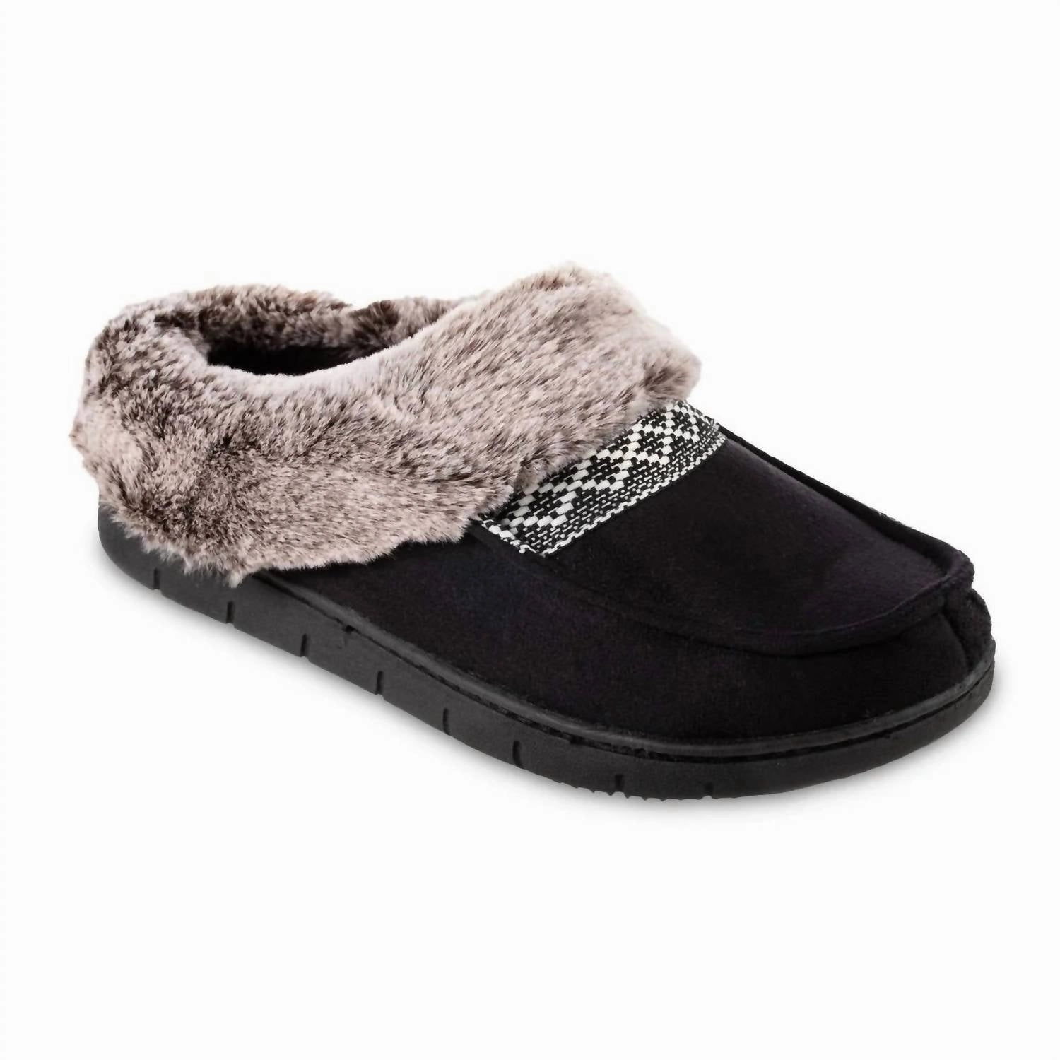 Foldable style Heel Support Women's Recycled Microsuede And Faux Fur Hoodback Slipper In Black