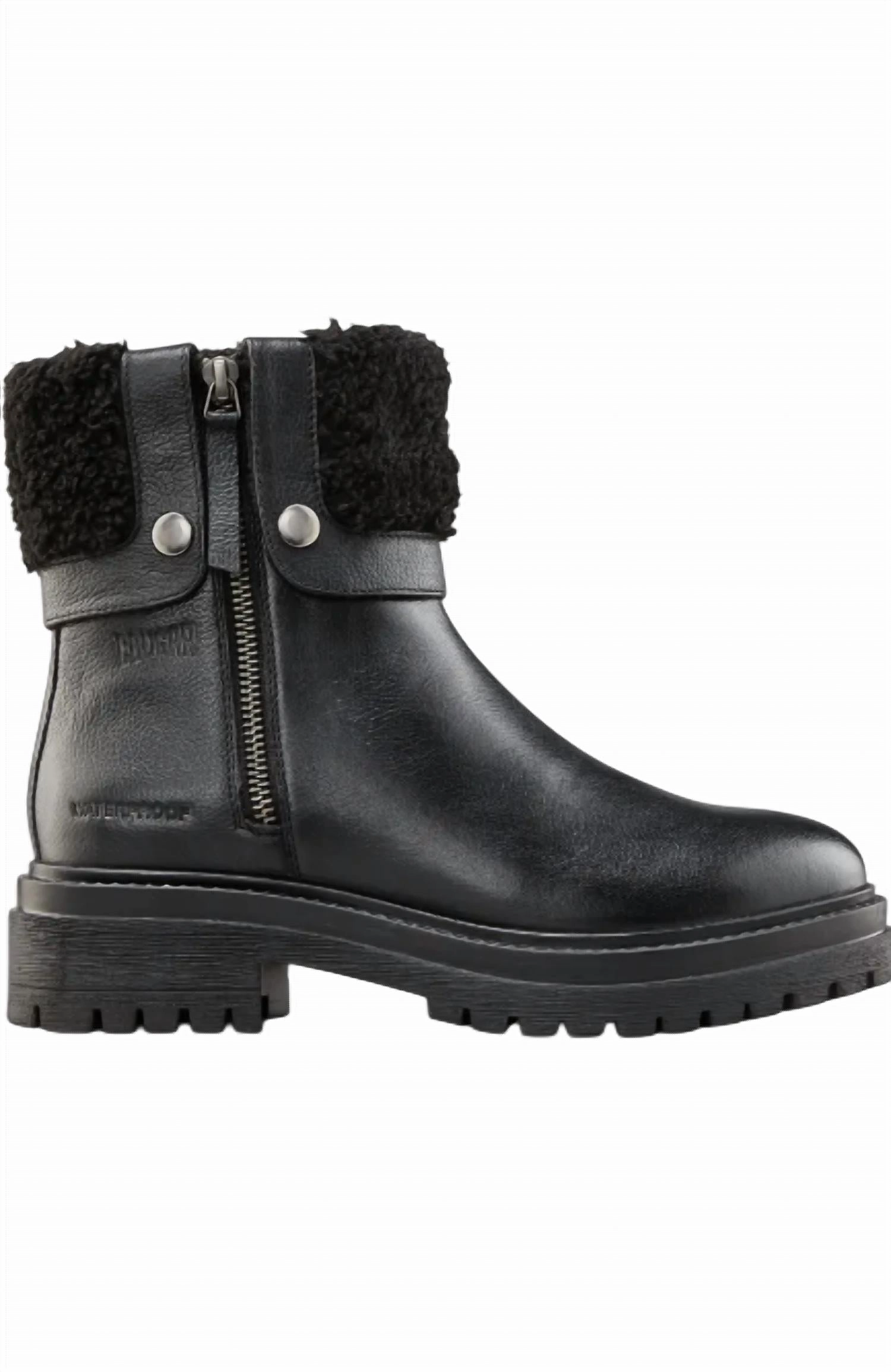 Women's Vigo Faux Shearling Cuff Waterproof Boot In Black Leather Comfort Shield Winter High Heels